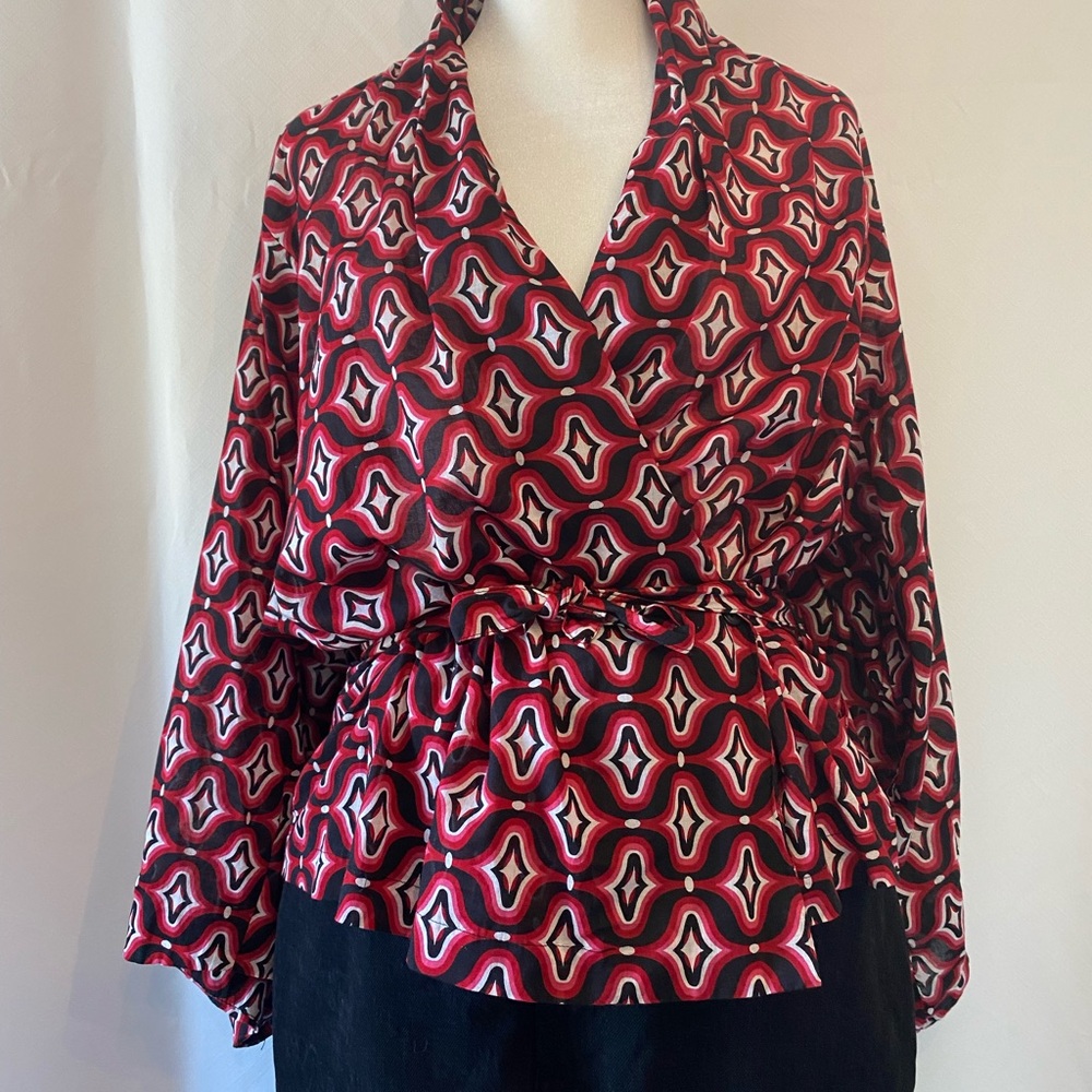Womens Art Deco All Over Geometric Pattern Drape Collar Wrap Blouse Medium Boho - Picture 4 of 16